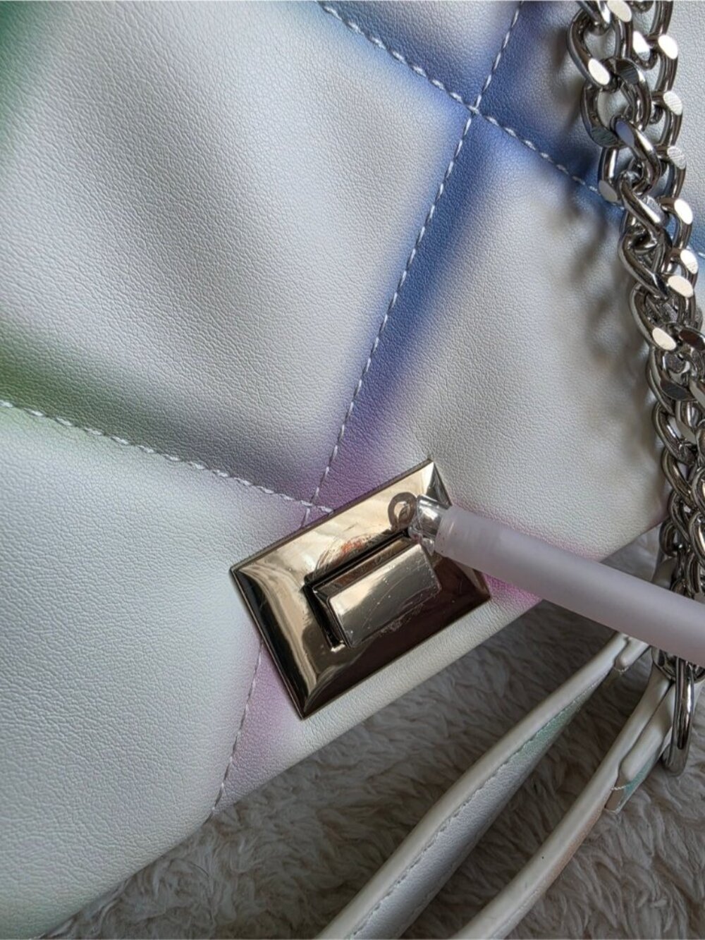 Multicolor Quilted Crossbody Bag White Pastel Rainbow Flap Bag Faux Leather - Picture 6 of 15